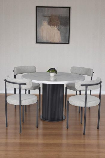 Nil Beyaz Lake Panel Yuvarlak Masa Takımı ve 4 Adet Krem Sandalye – Modern Şık Tasarım